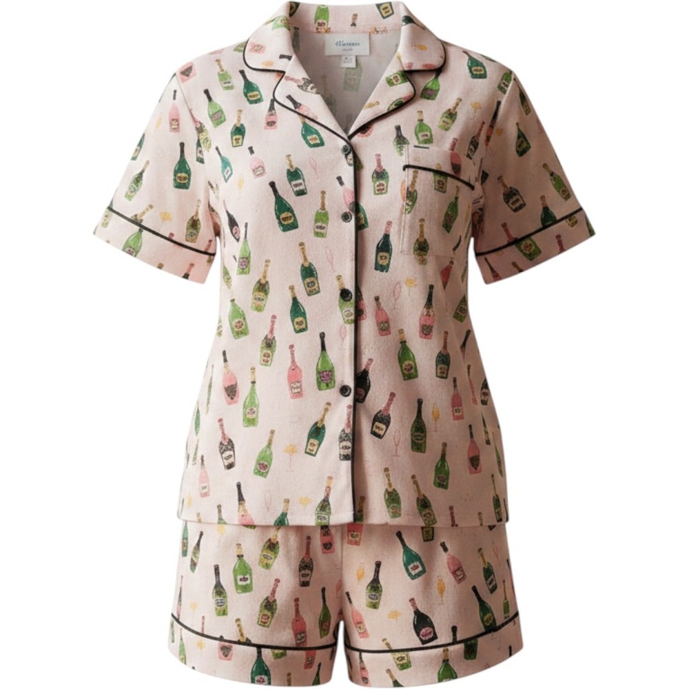 Beauty Sleep Social Pajama Set Womens L‎ Pink Champagne Print Shorts Set NWT